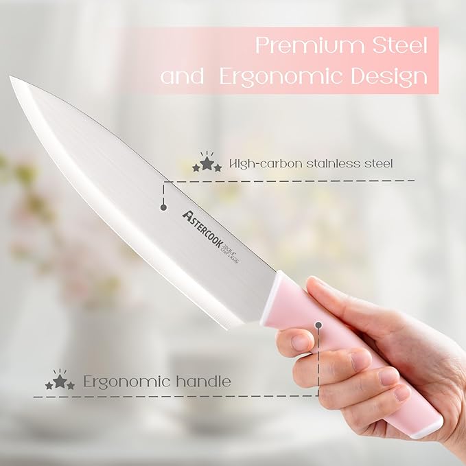 Astercook Knife Set, Kitchen Knives Set with Block and Sharpener 15 Pcs German Stainless Steel Knives Sharp Blade Dishwasher Safe Deba Knives with Ergonomic Handle, Crystal Pink Mothers Day Gifts