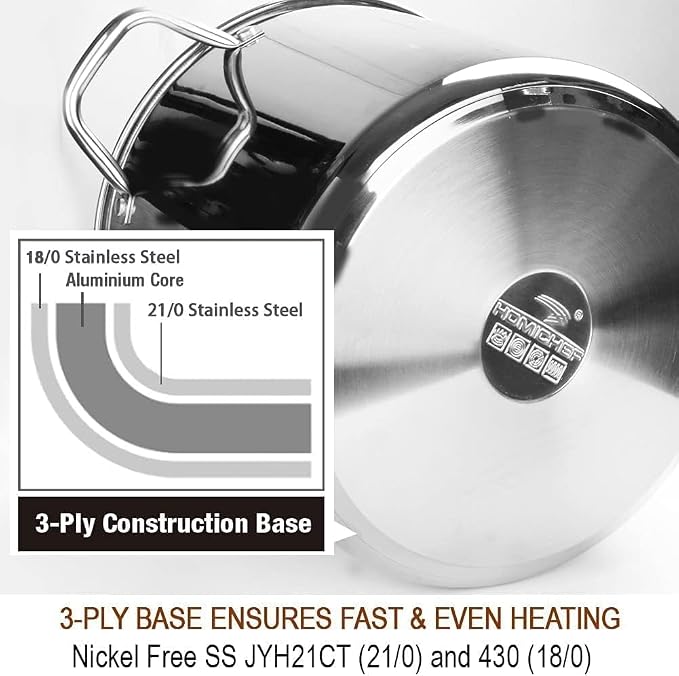 HOMICHEF 16 Quart LARGE Stock Pot with Glass Lid - NICKEL FREE Stainless Steel Healthy Cookware Stockpots with Lids 16 Quart - Mirror Polished Induction Cooking Pot