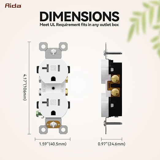 AIDA 20 amp Outlet Duplex Electrical Receptacle Outlets,Tamper Resistant,Heavy-Duty Receptacle Wall Outlet,Residential,TR,3-Wire, Self-Grounding Clip, NEMA 5-20R,UL Listed 50 Pack, White