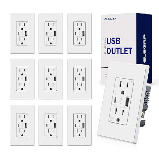 ELEGRP USB Charger Wall Outlet, 15 Amp Duplex Tamper Resistant Receptacle Plug with Type A & Type C USB Ports NEMA 5-15R, Wall Plate Included, UL Listed (10 Pack, Matte White)