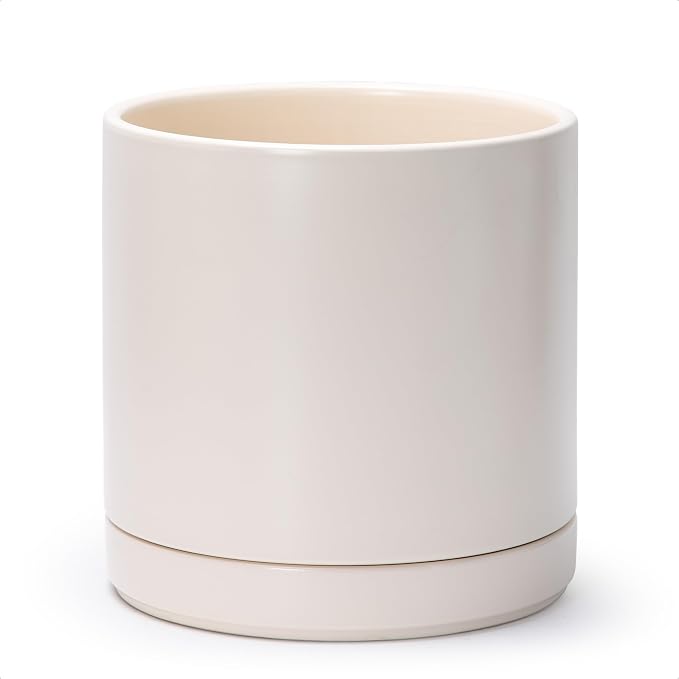 D'vine Dev 10 Inch Ceramic Planter Pot, Oatmeal, 94-O-E-8 | Modern Cylinder Design, Drainage Hole & Saucer Included, Stable Structure, Elegant Home Accent