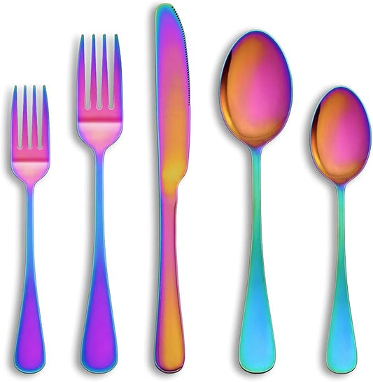 60 Pcs Rainbow Silverware Set Service for 12,Stainless Steel Flatware Serving Sets,Kitchen Tableware Set,Utensil Set for Home and Restaurant,Knives Forks Spoons Set,Mirror Polished,Dishwasher Safe