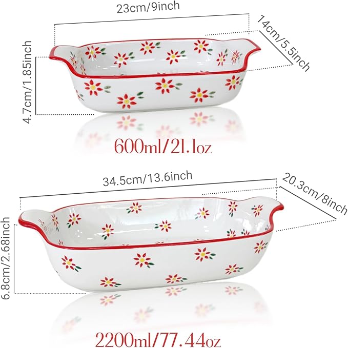 Domini Casserole Dishes for Oven, Ceramic Baking Dishes for Oven Set of 2, Lasagna Pan Deep, Fresh Spring Summer Floral Ceramic Baking Pan Set Square Casserole Dish Set with Handles for Baking, Pattern Flower(13.6+9inch)