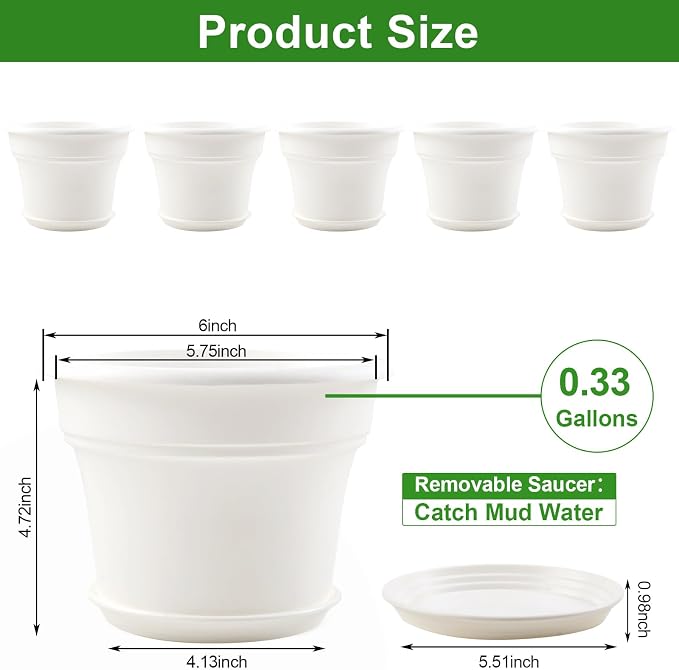 Pottiffe 6 Inch Plastic-Flower Pot-for-Indoor Plants, 6 Pack Outdoor Plant Pots with Drainage Holes & Saucers, Resin Garden Pots Planters