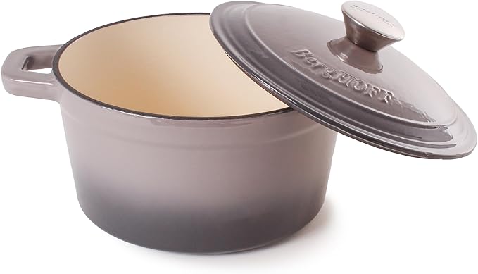 BergHOFF Neo 4Pc Enameled Cast Iron Cookware Set, Grill Pan 11 inches, Fry Pan 10 inches, 3qt. Dutch Oven, Matching Lid, Fast, Evenly Heat, Oven Safe (Oyster)