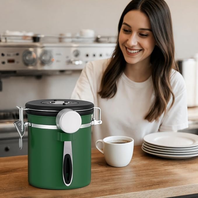 ShanSon Coffee Canister Airtight Coffee Container Stainless Steel Coffee Bean Storage Container with Scoop Coffee Canister for Beans Grounds Sugar Flour Tea Cereal,16OZ, Dark Green