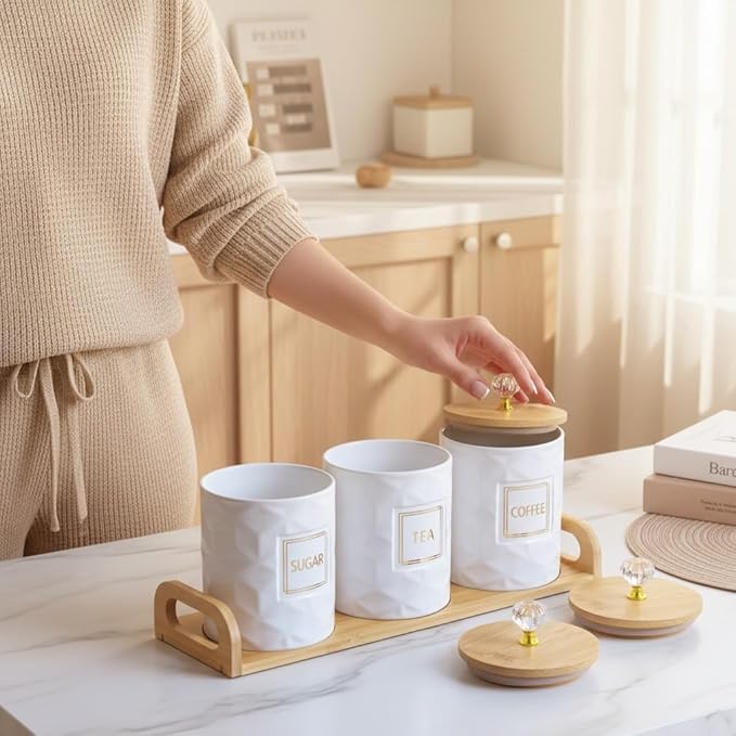Airtight Ceramic Canisters Set of 3 with Wooden Tray - Kitchen Counter Storage Containers for Sugar, Coffee, Tea - Food Storage Jars with Wood Lids for Pantry, Coffee Bar & Home Organization