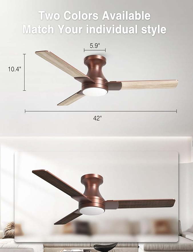 DAMINY 42 inch Ceiling Fans with Lights,3 Blades,6CCT, Low Profile Ceiling Fan with Light and Remote Control,Ceiling Fan for Bedroom, Kitchen,Indoor/Outdoor Use,Flush Mount-Brown