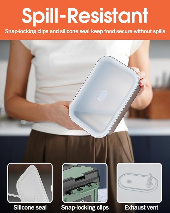 Cordless Electric Lunch Box for Adults – Battery-Powered Heated Lunch Box with 1.2L Stainless Steel Container, Timer Function, and Leak-Proof Food Warmer for Work, Travel & Office(Pine Green)
