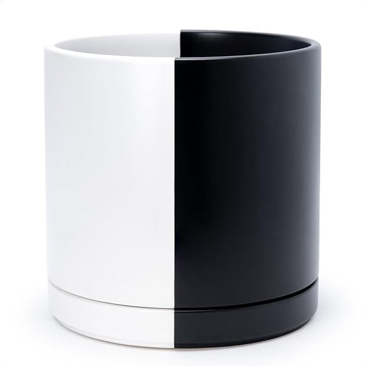 D'vine Dev 12 Inch Ceramic Planter Pot, Black White Split, 94-O-F-0 | Modern Cylinder Design, Drainage Hole & Saucer Included, Stable Structure, Elegant Home Accent