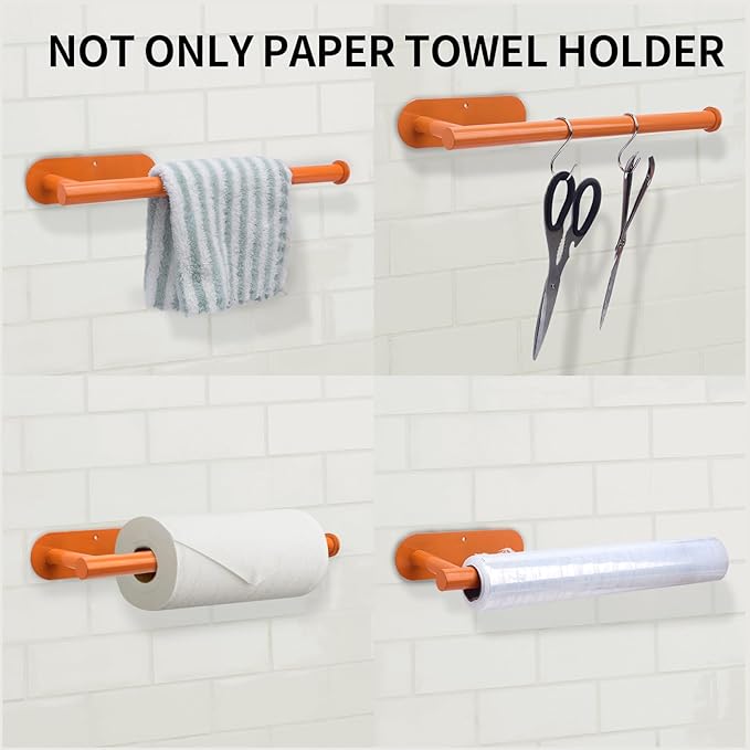 YeeBeny Orange Paper Towel Holder Kitchen Roll Holder, Paper Towel Holder - Self Adhesive or Drilling, Under Cabinet Paper Towel Rack, Wall Mounted Paper Towel(Orange)