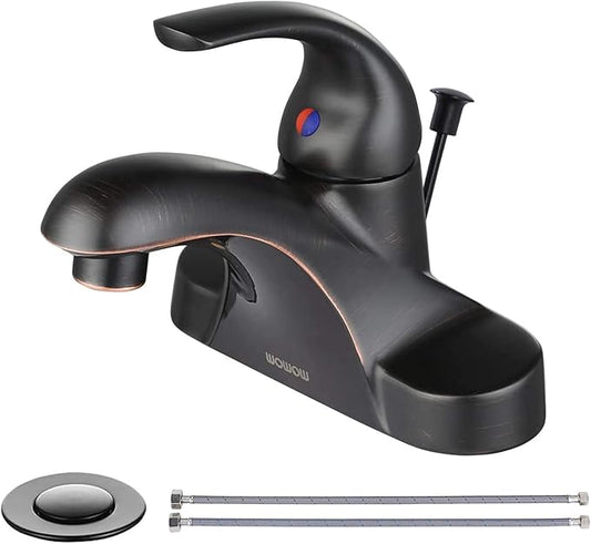 WOWOW Single Handle Commercial Bathroom Faucet Oiled Rubbed Bronze 4 inch Centerset Bathroom Basin Sink Faucets One Handle Vanity Faucets Basin Mixer Tap with Lift Rod Drain Assembly
