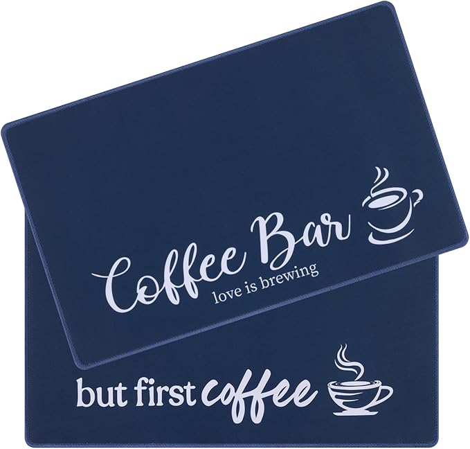 SHACOS Coffee Mat 2 Pack 12x19 Inch Absorbent Non Slip Rubber Bar Accessories Coffee Maker Mat for Countertop Dish Drying Mat Heat Resistant, Dark Blue