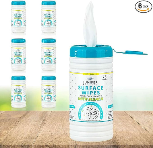 6 Pack Surface Cleaning Wipes with Bleach, All-Purpose Cleaner for Bathroom, Kitchen, Office, 450 Count Canister, Fresh Scent, 7.5" x 7" Sheet, Lint Free & Durable