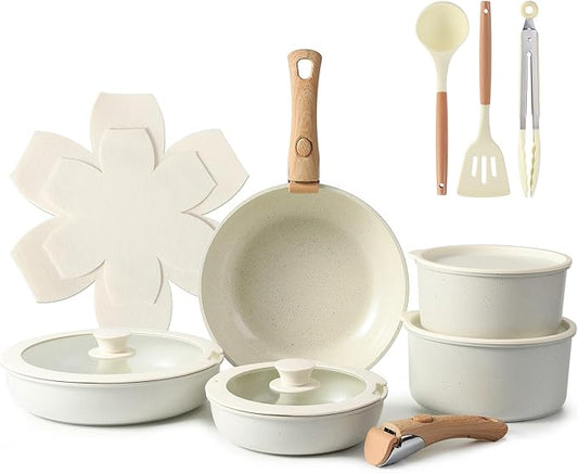 15PCS Ceramic Cookware Sets Detachable Handle Pots and Pans Set Non Stick (White)