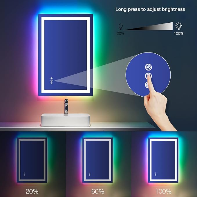 LOAAO 28"X32" LED Bathroom Mirror with Lights, Anti-Fog, Dimmable, RGB Backlit + Front Lighted, Bathroom Vanity Mirror for Wall, Memory Function, Tempered Glass, ETL Listed