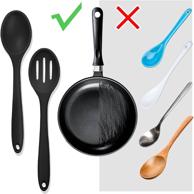 8 Pcs Heat Resistant Non Stick Silicone Serving Spoons Set -Ideal for Cooking, Baking, Mixing, Stirring Includes Slotted & Solid Spoons, Design for Nonstick Cookware (Black)