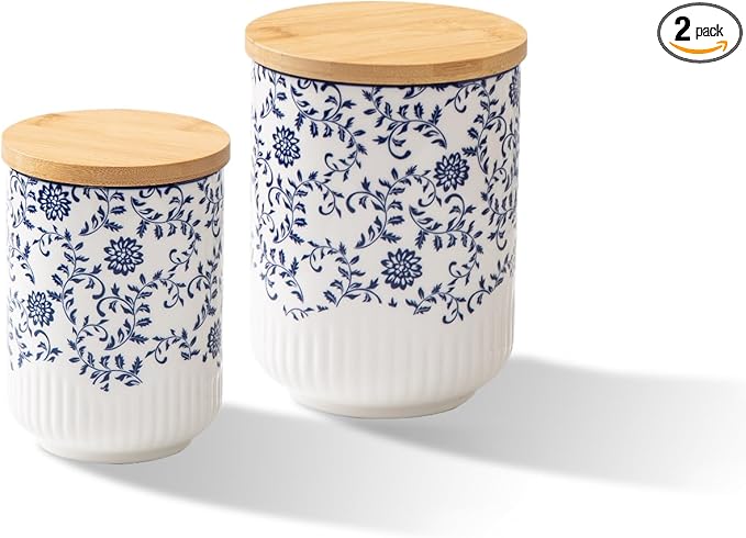 Canisters Sets for the Kitchen - 2 Pcs 36/18 oz Ceramic Kitchen Containers for Countertop with Airtight Wood Lids - Flour and Sugar Containers for Coffee Tea Spice Beans Cookie Jars - Blue