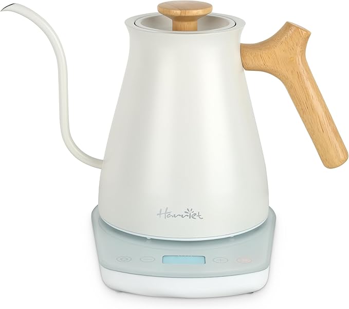 Harriet Gooseneck Electric Kettle 1200W Fast Heat, 0.8L Stainless Steel, Precision Temp Control & Timer, Wood Handle