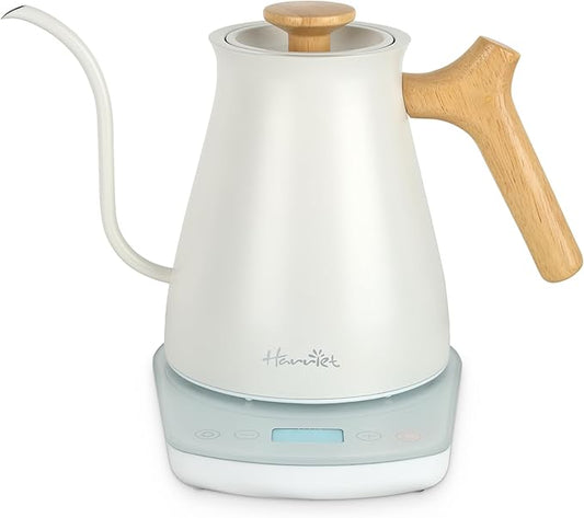 Harriet Gooseneck Electric Kettle 1200W Fast Heat, 0.8L Stainless Steel, Precision Temp Control & Timer, Wood Handle