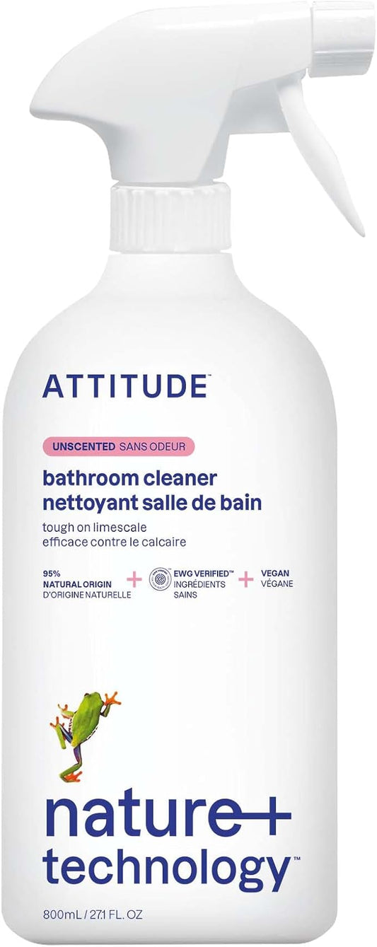 ATTITUDE Bathroom Cleaner Spray, EWG Verified, Plant-Based & Vegan, Safe for Bathroom Surfaces, Tiles, Tubs, Shower Walls, and Grout, Unscented, 27.1 Fl Oz