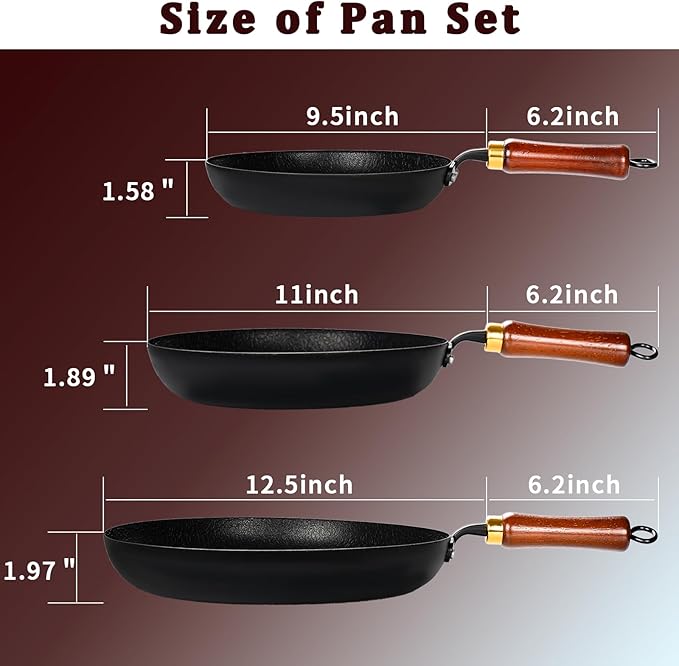 Nonstick Frying Pan with Lids Set, 10”/11”/12.5” Lightweight Iron Skillets | with Detachable Wooden Handles, Pre Seasoned wok with Tempered Glass Lids