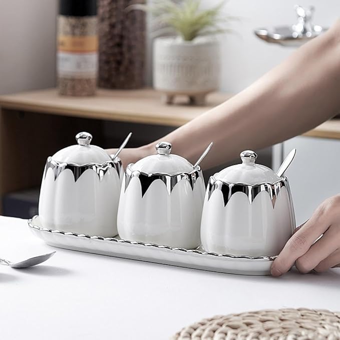 Porcelain Condiment Jar Spice Container with Lids, Spoon and Tray, Set of 3,Modern Spice Box Seasoning Jar for Your Home, Kitchen, Counter (White silver)