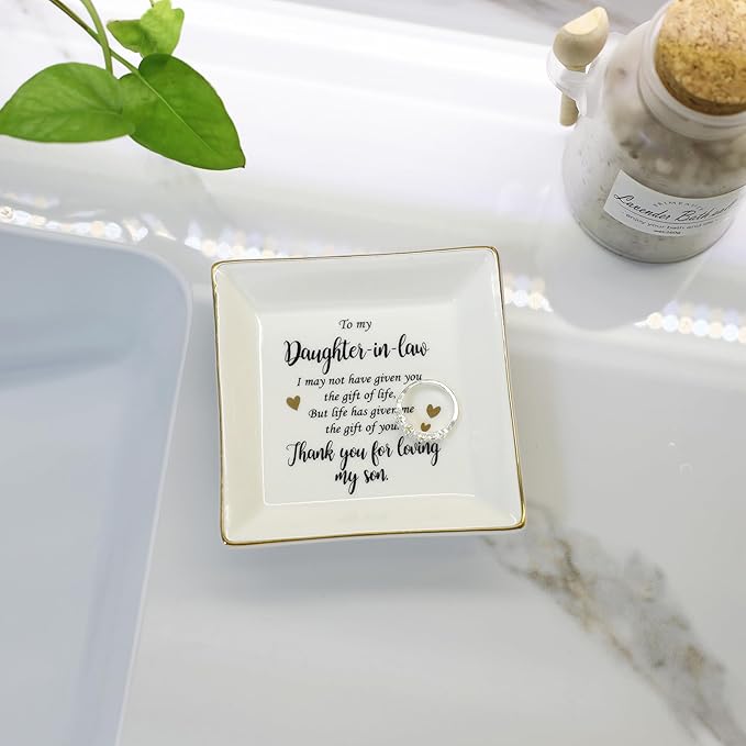 HOME SMILE Mothers Day Gifts for Daughter in Law Ceramic Ring Jewelry Dish Tray Plate for Birthday Christmas Valentines Wedding-Thank You for Loving My Son