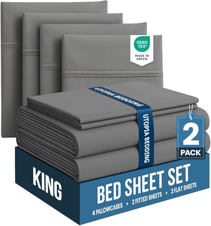 Utopia Bedding King Bed Sheets Set - Pack of 2 Sheet Sets - Perfect for Spa, Hotel, & Guest Bedroom - Brushed Microfiber - Shrinkage and Fade Resistant - Easy Care (Grey)