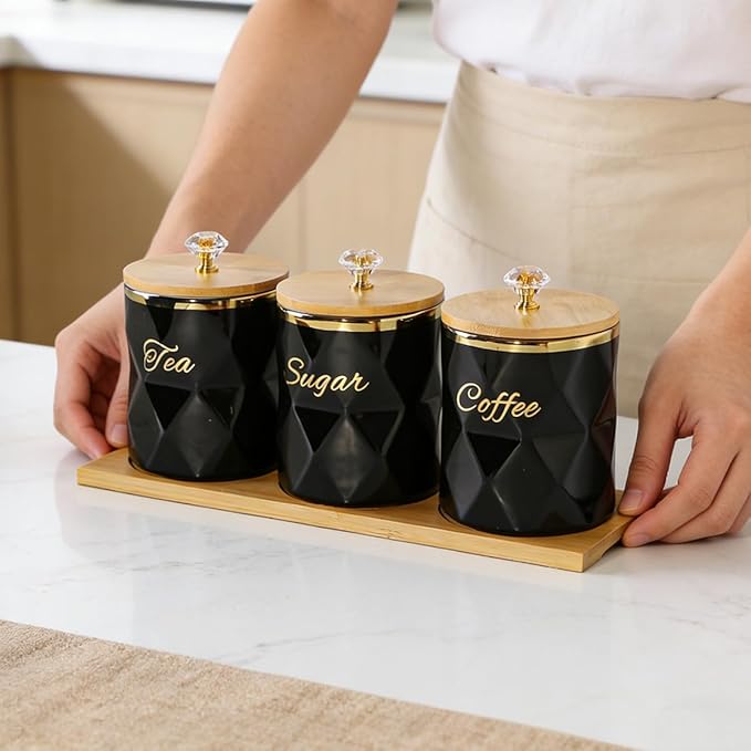 Black Ceramic Storage Canister for Coffee Sugar Tea Containers Set of 3, Coffee Sugar Tea Canisters Set with Bamboo Lids and Tray, Airtight Food Storage Jars for Kitchen Pantry