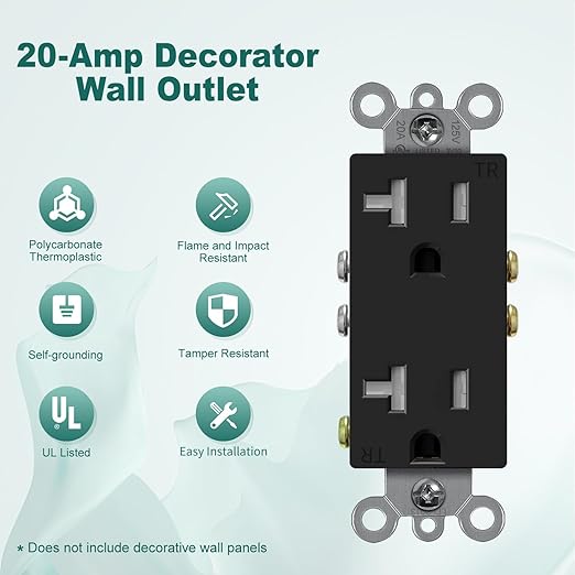 Micmi Decorator Receptacle Outlet, Standard Electrical Wall Tamper Resistant Decorative Receptacle Outlet, 20Amp 125 Volt, Grounding UL Listed (10Pack, Black, 20 Amp Outlet)