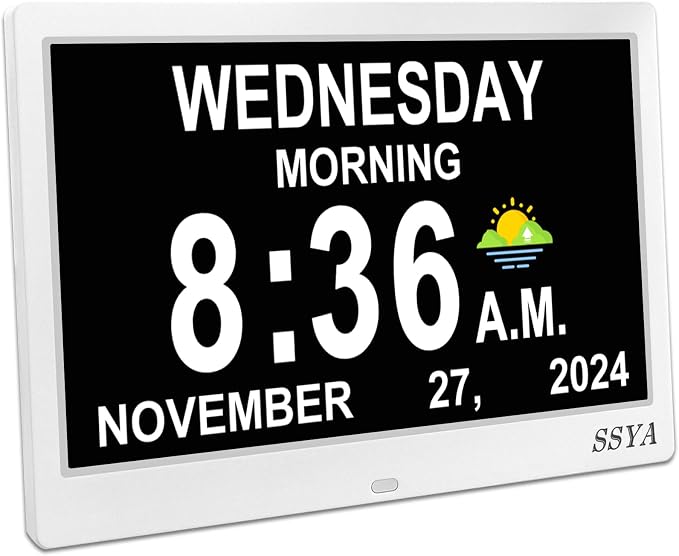 SSYA Dementia Clock for Seniors, Digital Clock with Date and Day of Week, Auto DST, Non-Abbreviated Large Calendar Alarm Clocks (White)