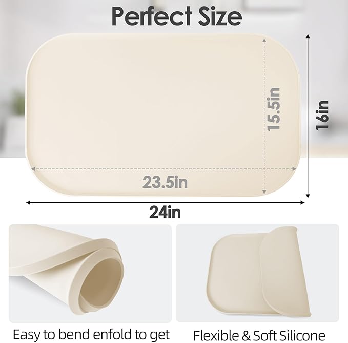 TOHONFOO Silicone Coffee Maker Mat with Lip, 24'' x 16'' Heavy Duty Coffee Maker Mat for Countertops, Coffee Tray Fit Under Coffee Machine Appliance Automatic Machines Espresso Accessory, Beige