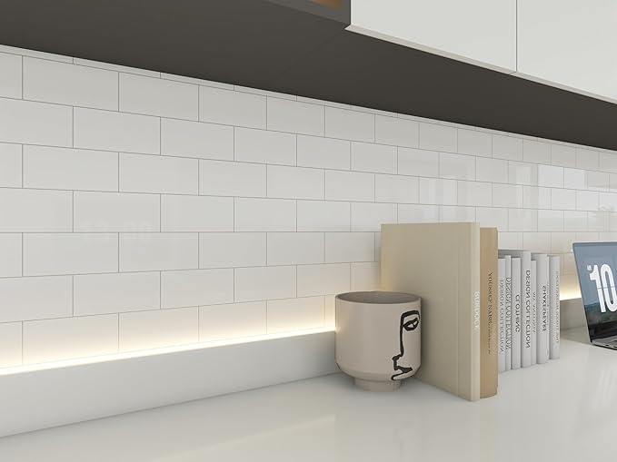 COLAMO Luxury 6"×12" Swatch Peel and Stick Backsplash,Glossy Pure White Backsplash for Kitchen Wall,Self Adhesive Faux Marble Tile, Stick on Accent Wall Brick Tile for Bedroom,RV,Laundry