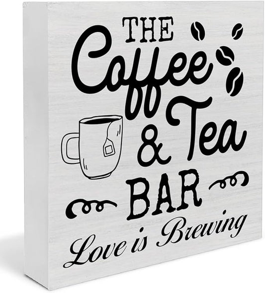 Coffee & Tea Bar Sign Decor, Coffee Tea Station Accessories, Farmhouse Kitchen Wooden Sign Desk Table Decor