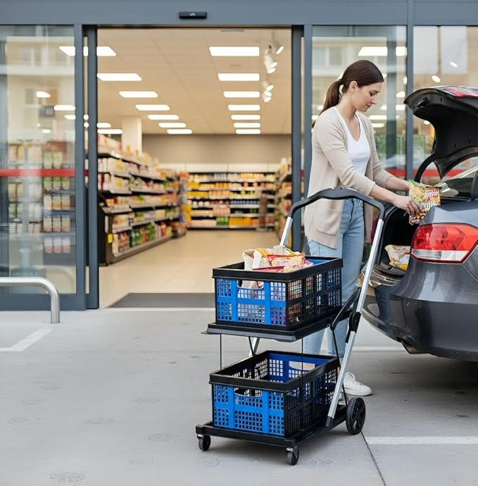 Collapsible Shopping Cart with Wheels,2 Tier Multi Use Foldable Shopping Cart with 2 Storage Crates,Folding Shopping Trolley Utility Cart for Office,Groceries, Warehouse,Supermarket,Picnic (Blue)