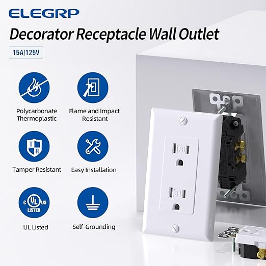ELEGRP Decorator Wall Receptacle Outlet, Tamper Resistant 15 Amp Standard Electrical Wall Outlet, Residential Grade, Self-grounding, 125V, Wall Plate Included, UL Listed, Glossy White, 5 Pack