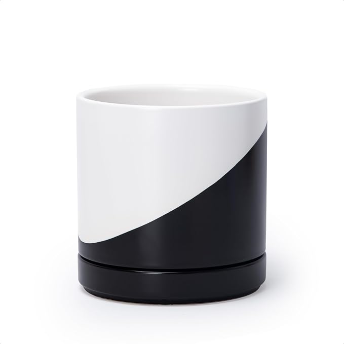 D'vine Dev 6.5 Inch Ceramic Planter Pot, Black White Diagonal, 94-O-C-K | Modern Cylinder Design, Drainage Hole & Saucer Included, Stable Structure, Elegant Home Accent