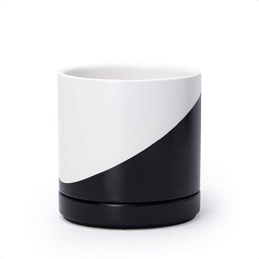 D'vine Dev 6.5 Inch Ceramic Planter Pot, Black White Diagonal, 94-O-C-K | Modern Cylinder Design, Drainage Hole & Saucer Included, Stable Structure, Elegant Home Accent
