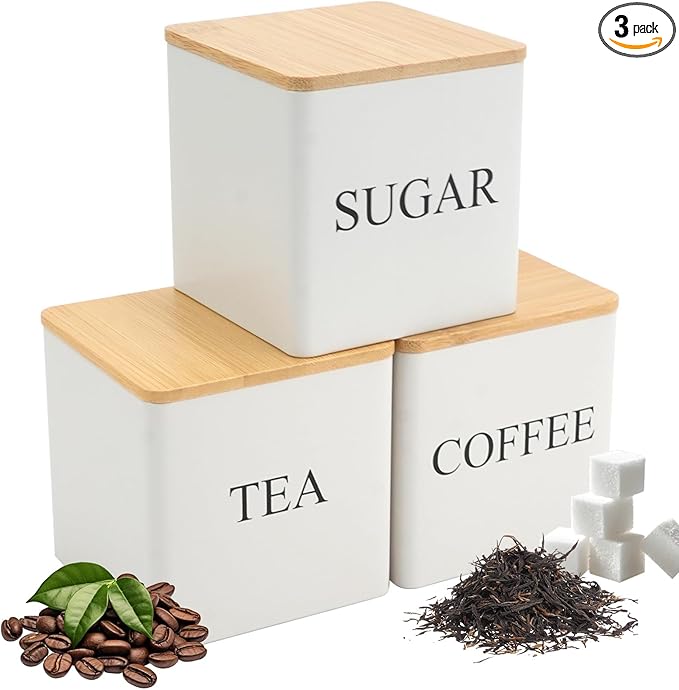 3 Pack 16oz Tea Sugar Coffee Container Set, Kitchen Canister Tins with Bamboo Lids, Stackable Storage Jar Suitable for Coffee Beans, Tea, Sugar, Flavourings, Cereals, Snacks