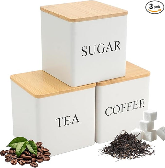 3 Pack 16oz Tea Sugar Coffee Container Set, Kitchen Canister Tins with Bamboo Lids, Stackable Storage Jar Suitable for Coffee Beans, Tea, Sugar, Flavourings, Cereals, Snacks