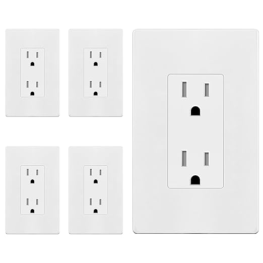 ENERLITES 5 Pack White Decorator Receptacle with Screwless Wall Plate, Standard Electrical Wall Outlet, 15A 125V, Self-Grounding, 2-Pole, 3-Wire, 5-15R, UL Listed, Tamper Resistant