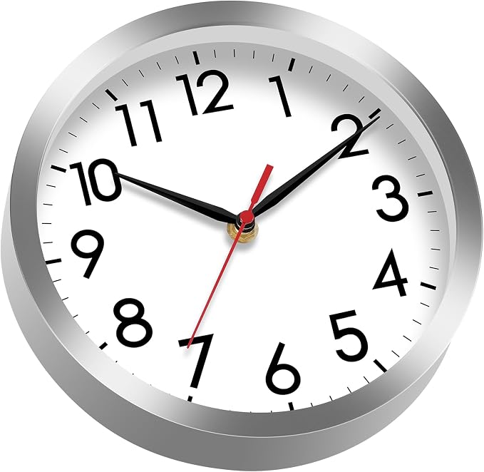 AKCISOT 8 Inch Wall Clock, Battery Operated Analog Clock, Silent Non-Ticking, Ideal for Bedroom, Bathroom, Kitchen, Office and School, Silver