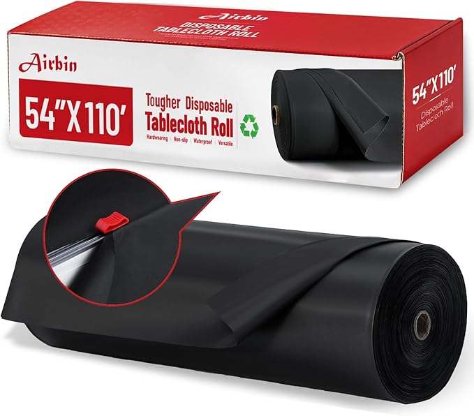 Plastic Table Cloth, 110 Ft x 54 In Plastic Table Cloth Disposable, Black Tablecloths Premium PEVA Material, Waterproof with Cutter, Disposable Tablecloth Ideal for Banquets, Festivals, Parties