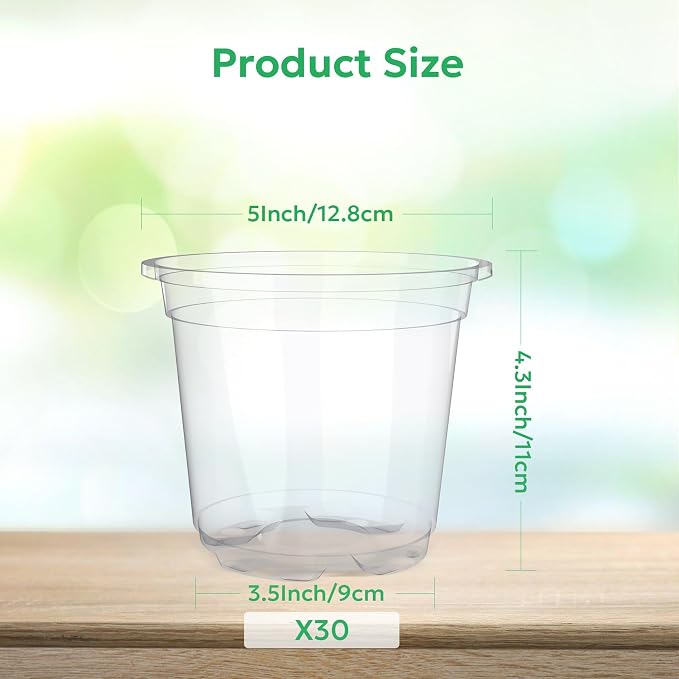 Bluepro Clear Nursery Pots with Drainage Holes, 5 Inch, 30-Pack | Clear PET, 5-Inch Diameter, 4.3-Inch Height, Root and Moisture Visibility, Reusable, Propagation and Seed Starting