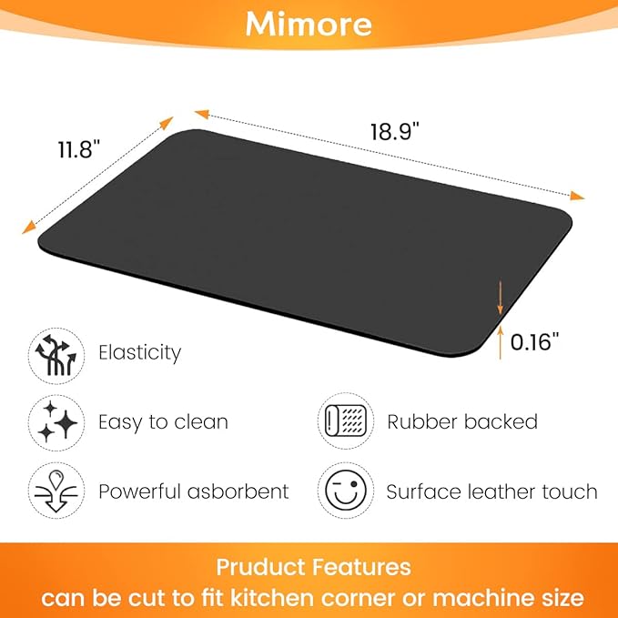 Mimore Coffee Mat - 12x19 Inch Black Countertop Mat - Absorbent, Hides Stains, Rubber Backed - Dish Drying Mat Fits Under Coffee Maker or Espresso Machine