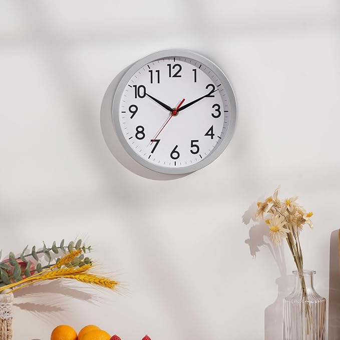 AKCISOT 8 Inch Wall Clock, Battery Operated Analog Clock, Silent Non-Ticking, Ideal for Bedroom, Bathroom, Kitchen, Office and School, Silver