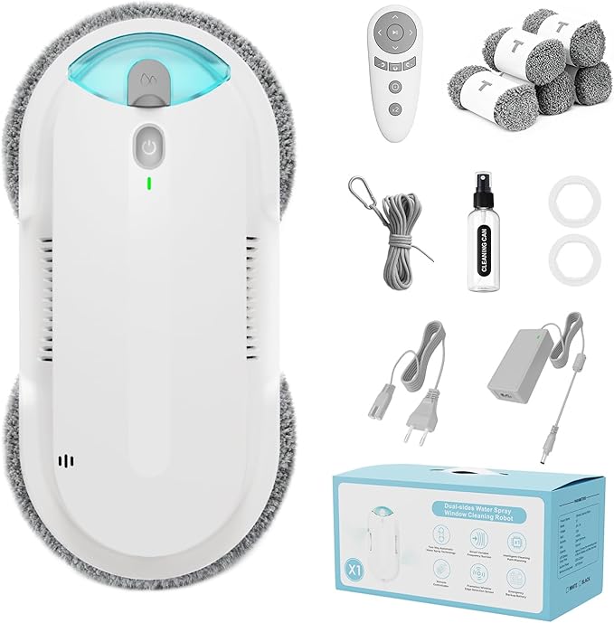 Window Cleaning Robot - Double Helix 4800-6400Pa Suction, Dual Ultrasonic Spray, 85ml Tank, Edge Detection, Anti-Drop, 3 Cleaning Modes for Streak-Free Glas (White)
