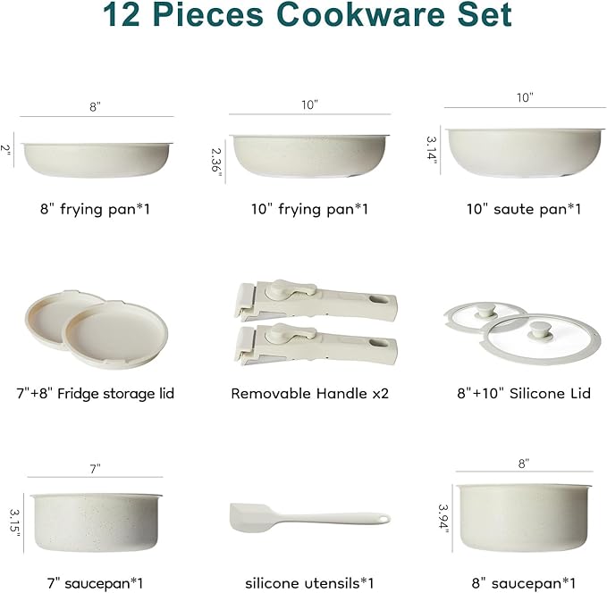 NEWBULIG 12-Piece Nonstick Cookware Set, Detachable Handle Pots and Pans, Induction Compatible Cookware, Dishwasher & Oven Safe, Space-Saving Kitchen Set, Cream White