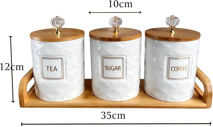 Airtight Ceramic Canisters Set of 3 with Wooden Tray - Kitchen Counter Storage Containers for Sugar, Coffee, Tea - Food Storage Jars with Wood Lids for Pantry, Coffee Bar & Home Organization